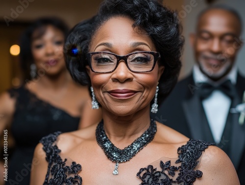 An elegant woman wearing glasses and formal evening attire stands confidently, exuding sophistication and grace, with two companions observing her, creating a balanced composition. photo