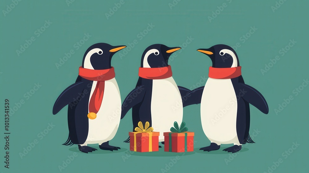 Obraz premium Merry Christmas, penguins with scarves and gifts, flat design illustration