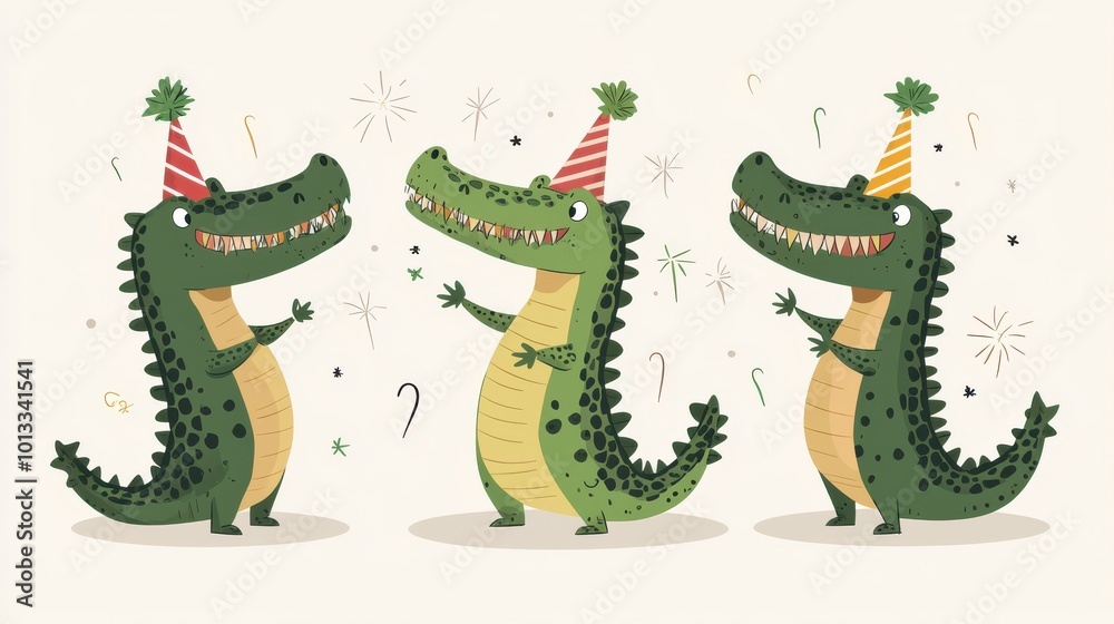 Obraz premium Happy New Year, crocodiles snapping with party hats, clear background, flat design illustration