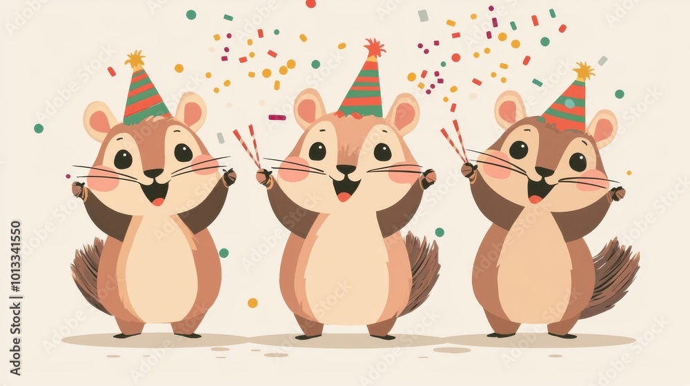 Obraz premium Happy New Year, chipmunks with tiny confetti cannons, clear background, flat design illustration