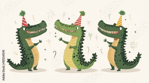 Happy New Year, crocodiles snapping with party hats, clear background, flat design illustration photo