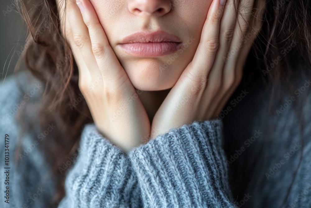 A close-up of a person showing non-verbal cues of stress through their body language, such as touching their face or fidgeting with their hands, representing stress and nervous gestures A close-up of a person showing non-verbal cues of stress through their body language, such as touching their face or fidgeting with their hands, representing stress and nervous gestures
