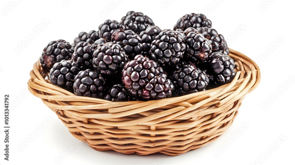 Realistic close-up of ripe blackberries in a small wicker basket on a white background Realistic close-up of ripe blackberries in a small wicker basket on a white background
