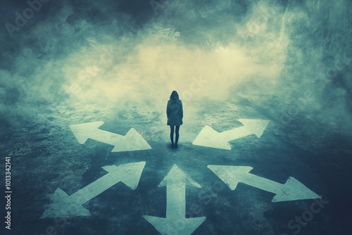 A confused person standing at a crossroads, surrounded by arrows and signs, struggling with the uncertainty of life difficult decisions