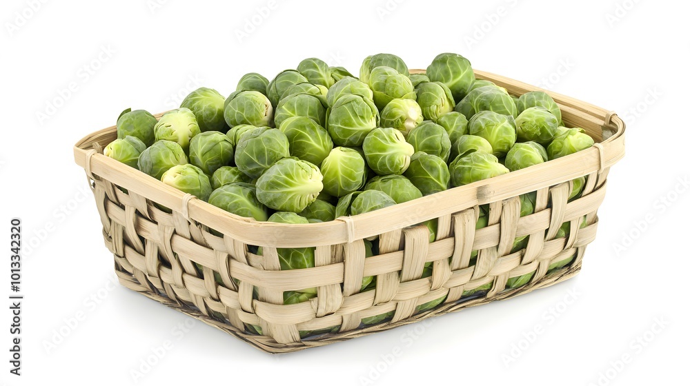 Realistic spread of fresh Brussels sprouts in a wooden basket on a white background, showcasing their compact green shape and smooth texture Realistic spread of fresh Brussels sprouts in a wooden basket on a white background, showcasing their compact green shape and smooth texture
