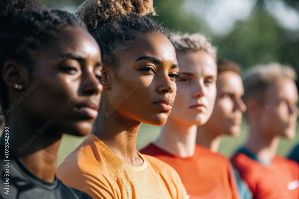 A diverse group of athletes standing together to raise awareness about racism in sports, promoting inclusivity and unity within their community A diverse group of athletes standing together to raise awareness about racism in sports, promoting inclusivity and unity within their community