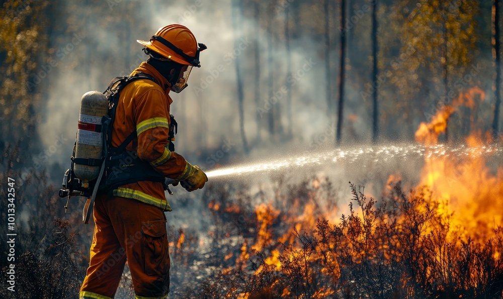 Professional Firefighters Extinguishing Large, High-Priority Part of the Forest Fire. Highly Skilled Hotshot Firemen Crew Working on Challenging Remote Area with Flames Reaching the Professional Firefighters Extinguishing Large, High-Priority Part of the Forest Fire. Highly Skilled Hotshot Firemen Crew Working on Challenging Remote Area with Flames Reaching the