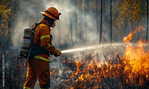 Professional Firefighters Extinguishing Large, High-Priority Part of the Forest Fire. Highly Skilled Hotshot Firemen Crew Working on Challenging Remote Area with Flames Reaching the