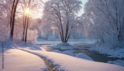 A winter sunrise over a river with snow covered trees and a sunset 4
