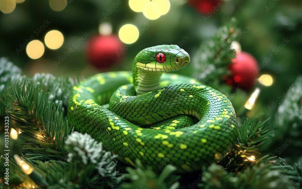 Fototapeta premium Christmass green snake on new year ballons background