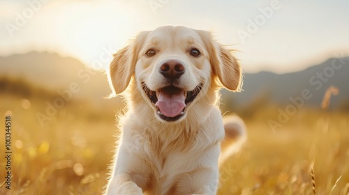 Dog Fetching Stick in Field with Sunny Background