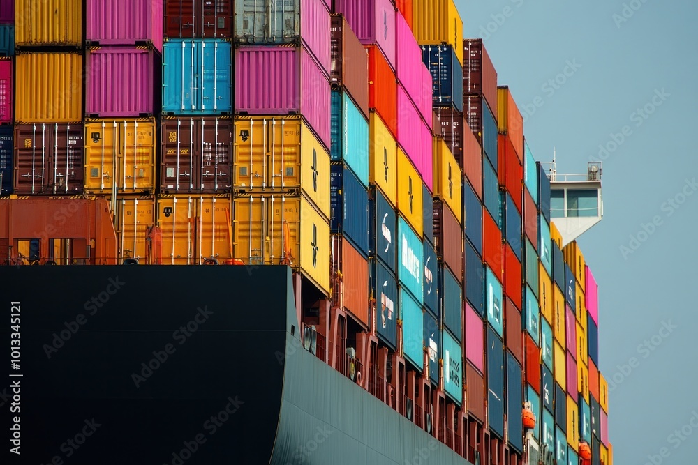Fototapeta premium A large cargo ship at a busy container port, loaded with colorful shipping containers, with cranes actively moving freight containers from the dock to the ship, representing global container logistics