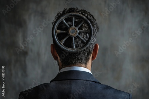 Self control or leadership thinking for business decision or guidance to the right direction, motivation, mindset or consciousness concept, businessman leader control steering wheel helm on his photo