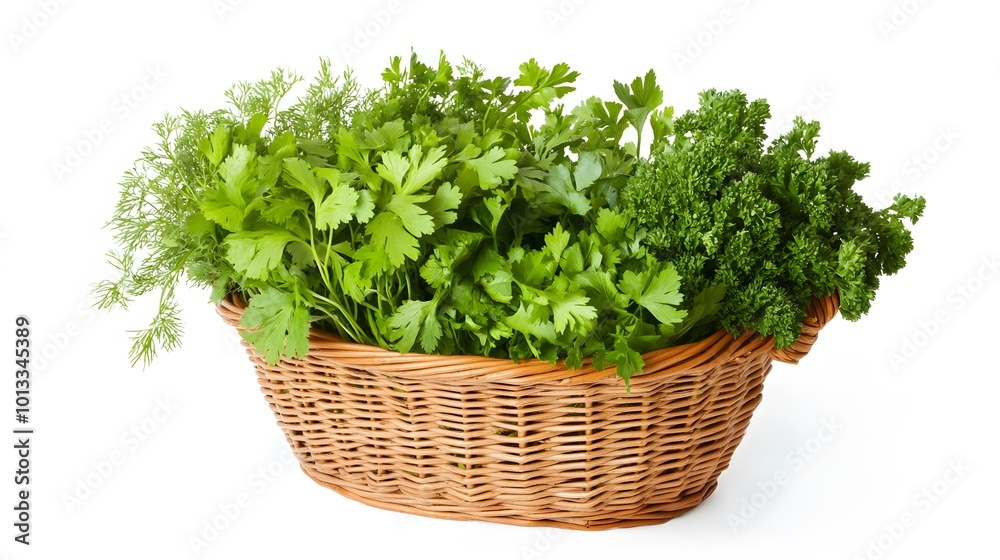 Realistic spread of mixed herbs (basil, parsley, cilantro) in a small wicker basket on a white background Realistic spread of mixed herbs (basil, parsley, cilantro) in a small wicker basket on a white background