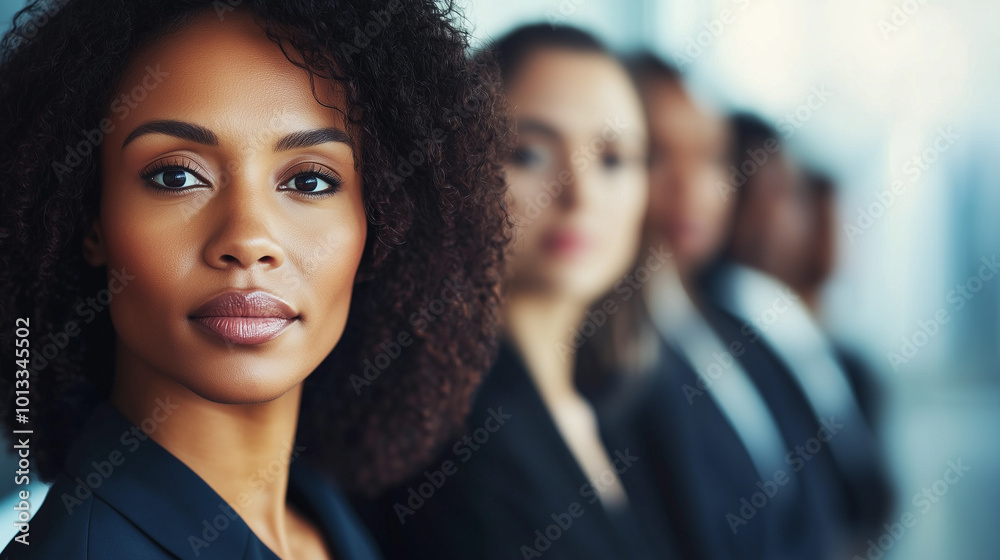 Diverse group of professionals in business attire standing confidently in modern office lobby, symbolizing dynamic labor market and urban work environment.