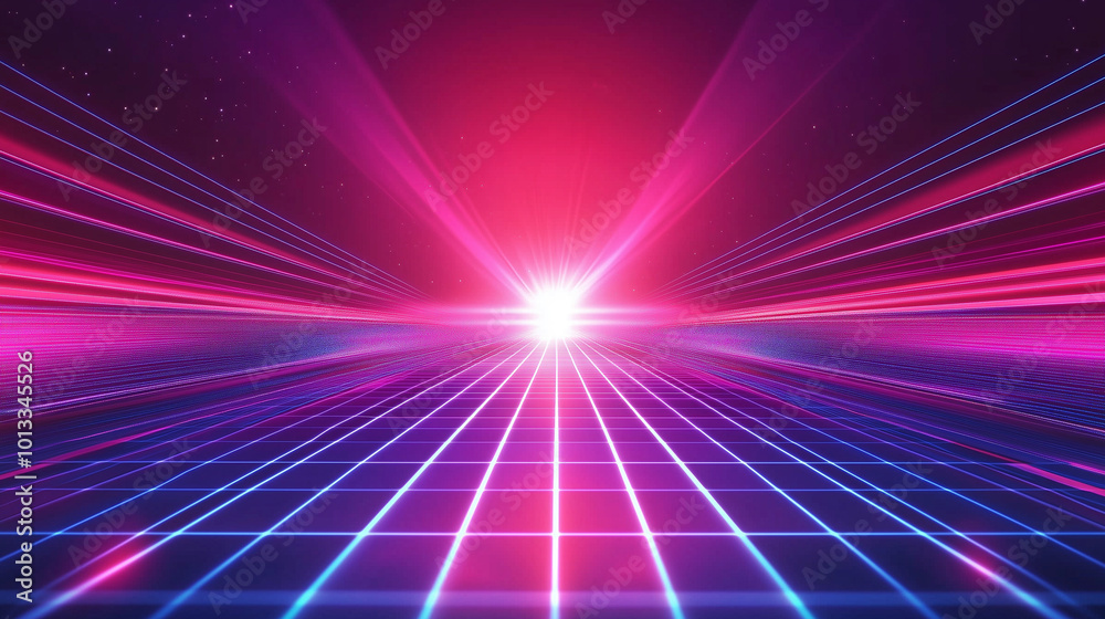 Retro Futuristic Sunset with Neon Grid and Mountain Silhouettes Retro Futuristic Sunset with Neon Grid and Mountain Silhouettes