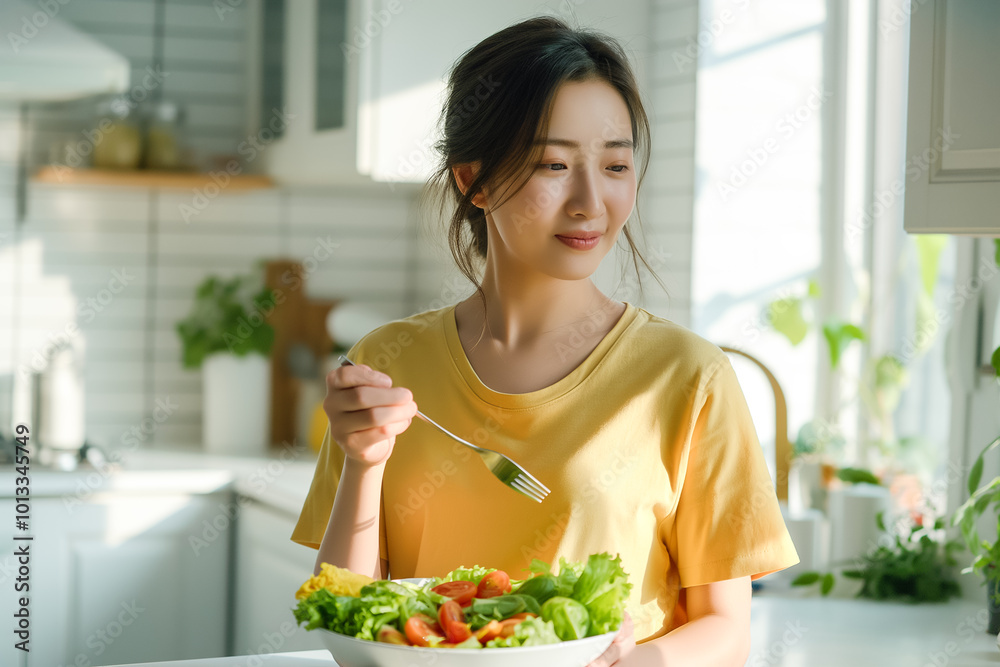 Asian woman eating salad in a light kitchen, healthy eating concept Asian woman eating salad in a light kitchen, healthy eating concept