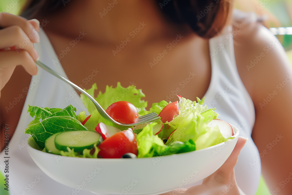 Woman eating salad with fork close-up, healthy eating concept Woman eating salad with fork close-up, healthy eating concept