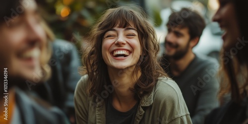 A natural, candid photo showing happiness in a smile, with the person laughing while surrounded by family or friends, illustrating shared joy.