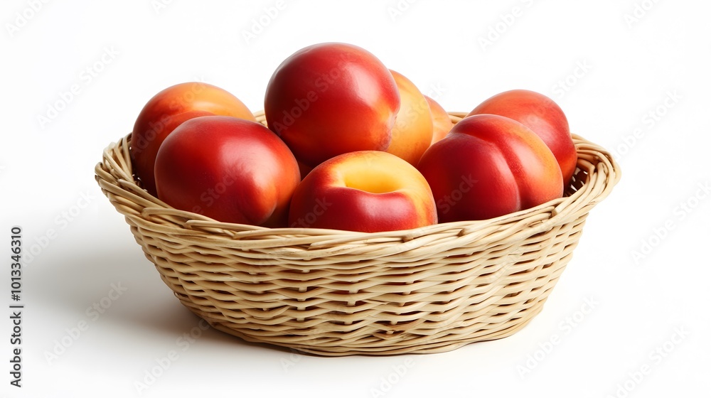 Realistic close-up of ripe nectarines in a wicker basket on a white background, showcasing their smooth skin and vibrant orange-red color Realistic close-up of ripe nectarines in a wicker basket on a white background, showcasing their smooth skin and vibrant orange-red color