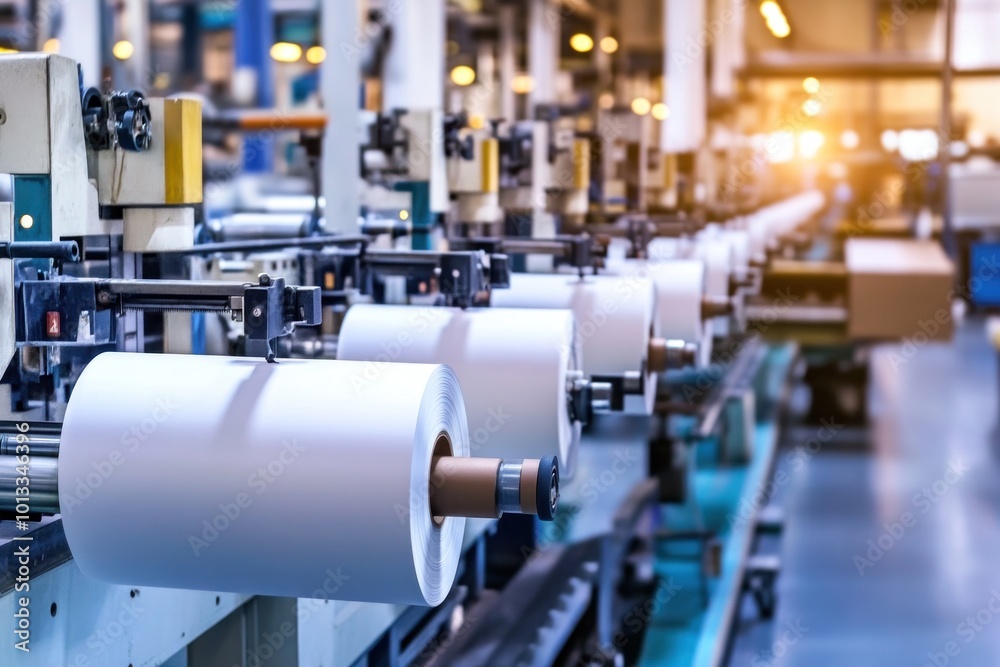 An automated paper roll manufacturing facility, with machines efficiently cutting and rolling paper products for large-scale industrial use An automated paper roll manufacturing facility, with machines efficiently cutting and rolling paper products for large-scale industrial use