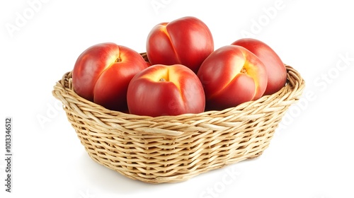 Realistic close-up of ripe nectarines in a wicker basket on a white background, showcasing their smooth skin and vibrant orange-red color