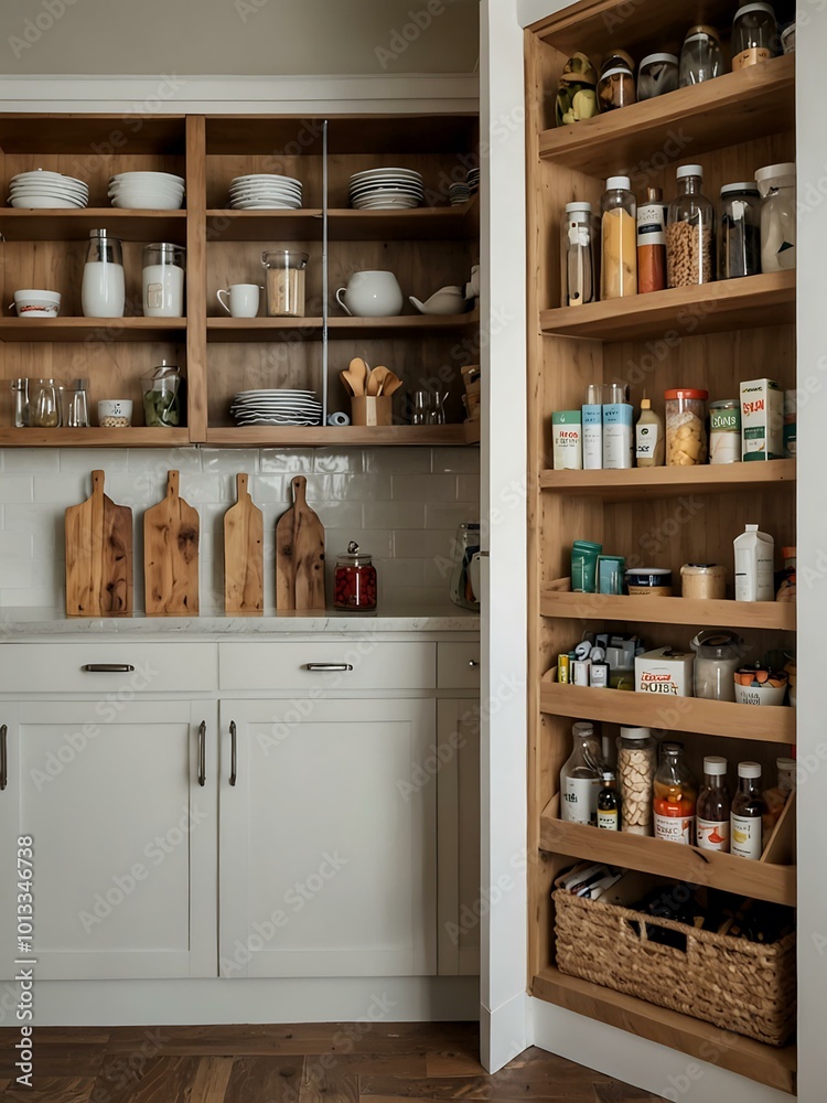 Modern pantry with built-in shelving. Modern pantry with built-in shelving.