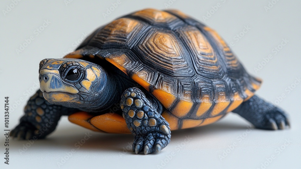 A detailed figurine of a turtle with orange and black patterns. A detailed figurine of a turtle with orange and black patterns.
