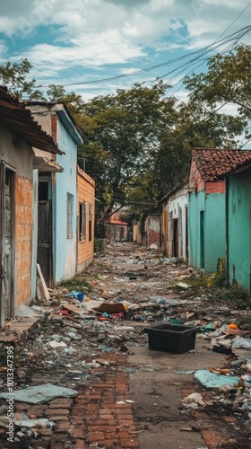 An image of a run-down residential area, where homes are missing doors and windows, and trash is scattered across the streets, representing the tough living conditions of many communities. photo