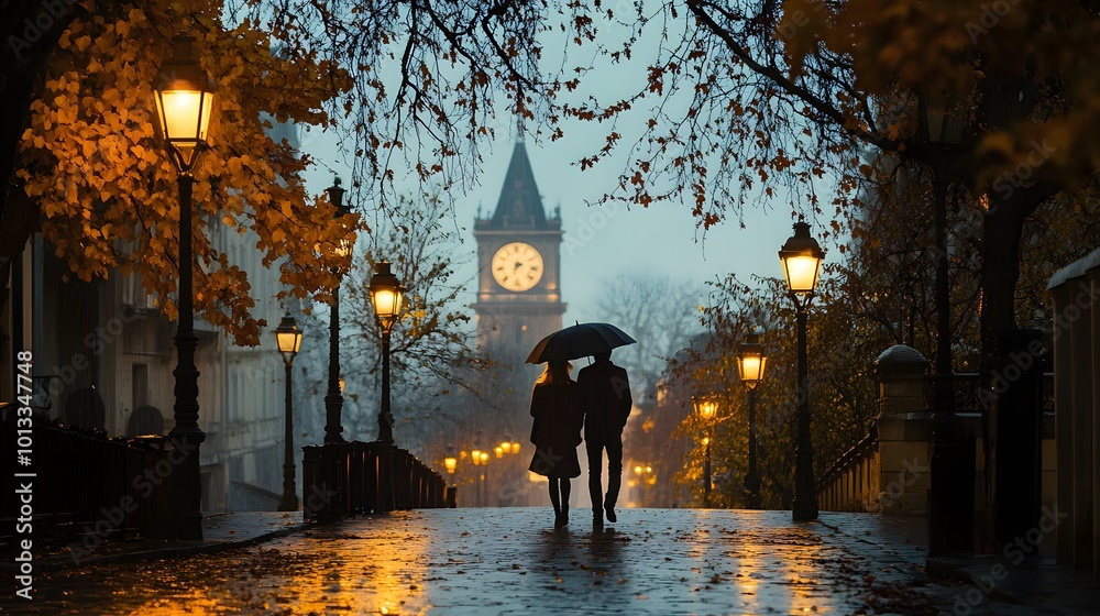 Couple walking in autumn rain under umbrella in city Couple walking in autumn rain under umbrella in city