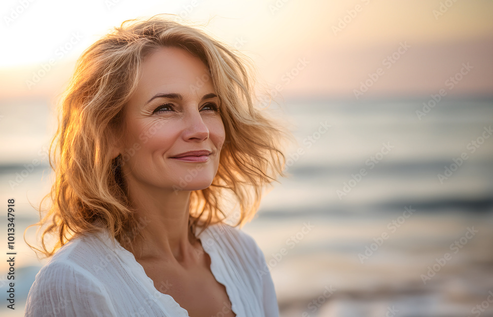 Beautiful mature woman enjoying sunset at the beach Beautiful mature woman enjoying sunset at the beach