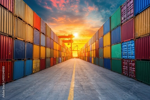 An industrial shipping container yard, with containers being sorted and stored, emphasizing the flow of goods through global sea freight logistics and container transport photo