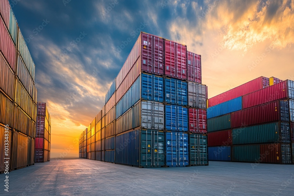 Fototapeta premium An industrial shipping container yard, with containers being sorted and stored, emphasizing the flow of goods through global sea freight logistics and container transport