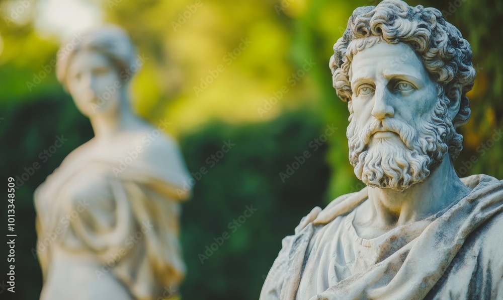 Two marble statues in garden setting. Two marble statues in garden setting.