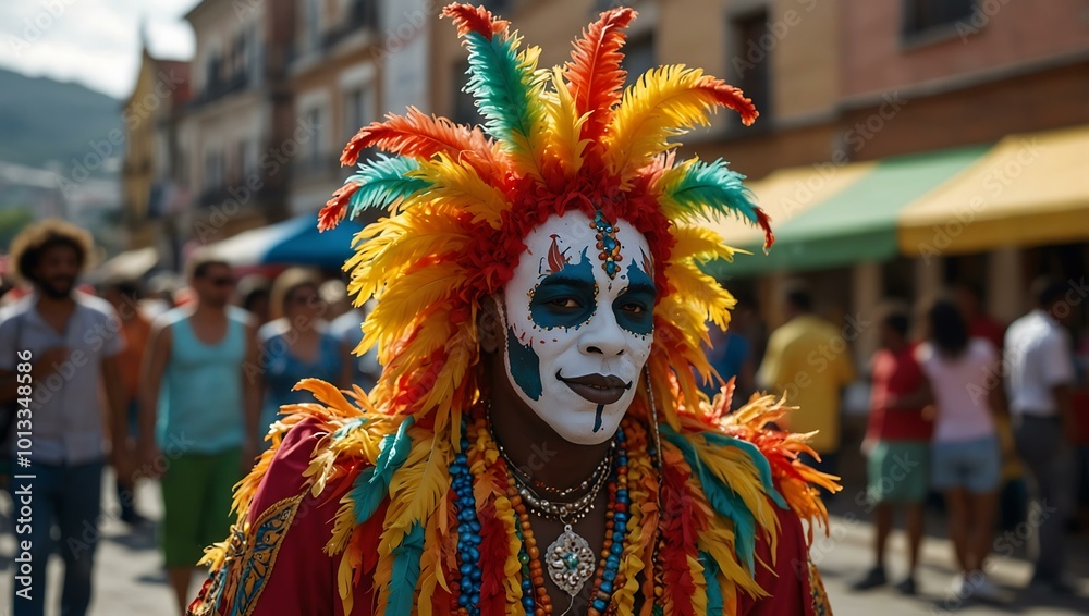 Montserratian man in a colorful costume celebrating Carnival at a street parade. Montserratian man in a colorful costume celebrating Carnival at a street parade.