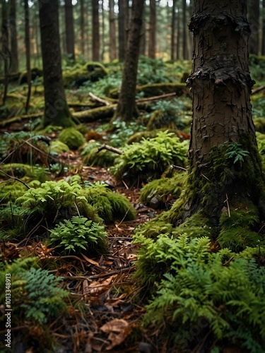 Mossy forest floor with pine cones and twigs.