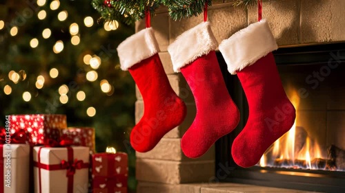 Red Christmas stockings hanging by a fireplace with gifts, symbolizing holiday spirit and tradition