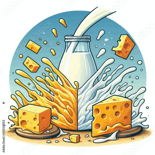 scene where a splash of milk morphs into liquid cheese vector