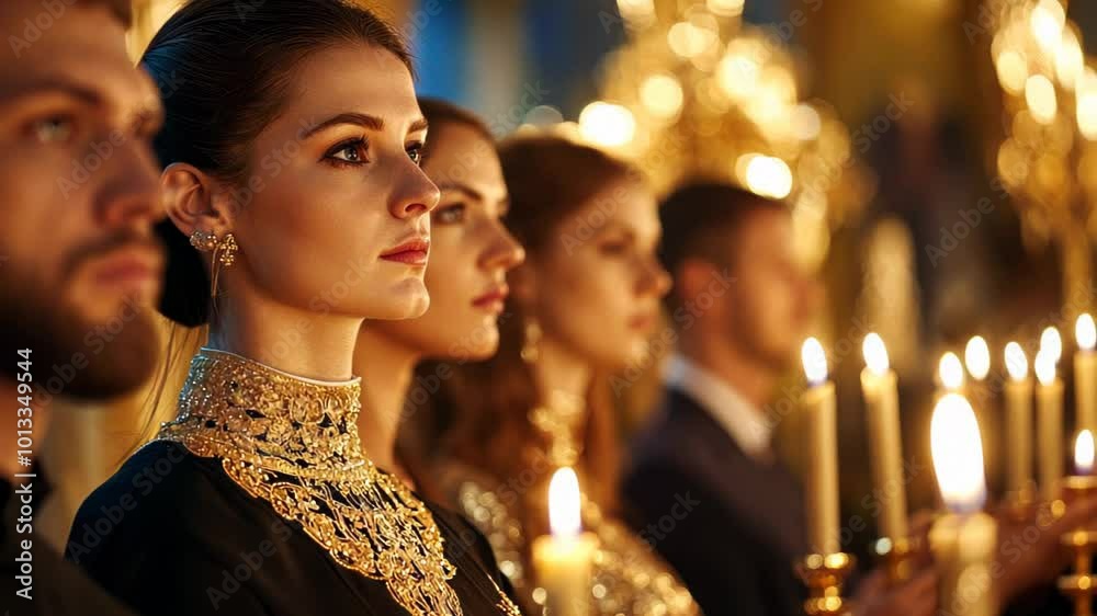 A diverse group of elegantly dressed men and women hold candles in a dimly lit room, celebrating Christmas or Easter during a religious ceremony A diverse group of elegantly dressed men and women hold candles in a dimly lit room, celebrating Christmas or Easter during a religious ceremony