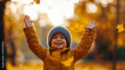 A joyful Caucasian boy throws autumn leaves in the air, celebrating the fall season and Thanksgiving