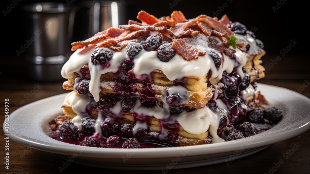 A decadent tower of golden waffles, layered with sweet berry sauce, creamy topping, and savory bacon bits, dusted with a touch of powdered sugar. A decadent tower of golden waffles, layered with sweet berry sauce, creamy topping, and savory bacon bits, dusted with a touch of powdered sugar.