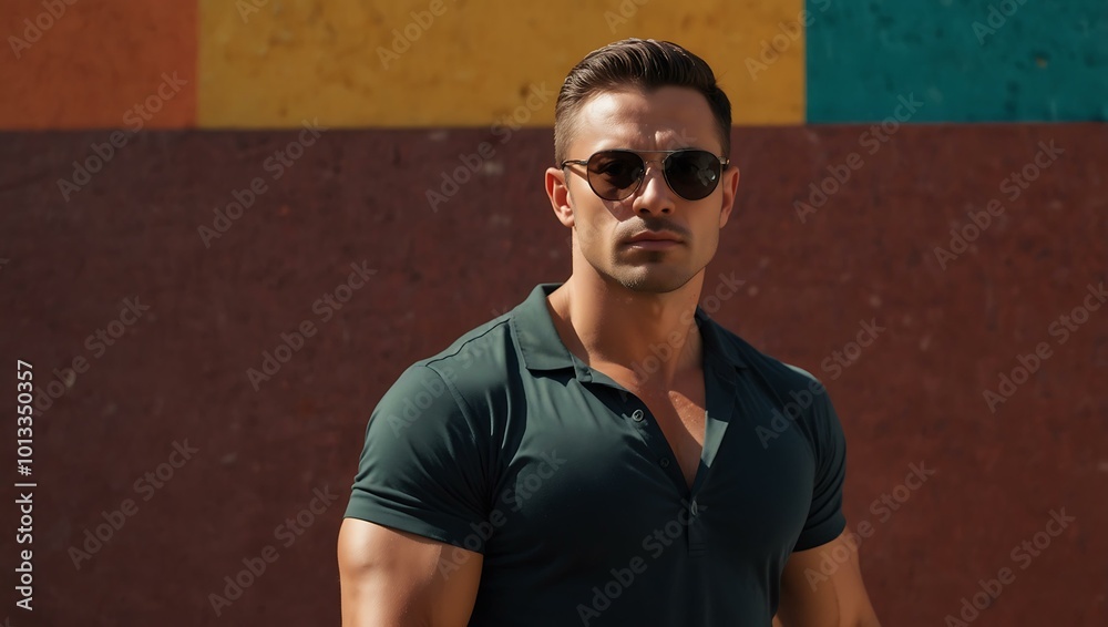 Muscular man in sunglasses against a colorful wall. Muscular man in sunglasses against a colorful wall.