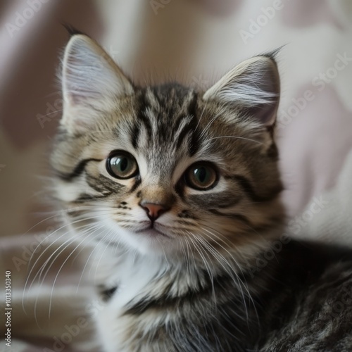 A close-up portrait of a young tabby kitten with wide, curious eyes. The soft indoor light highlights its delicate fur and gentle expression, creating a warm, inviting atmosphere.