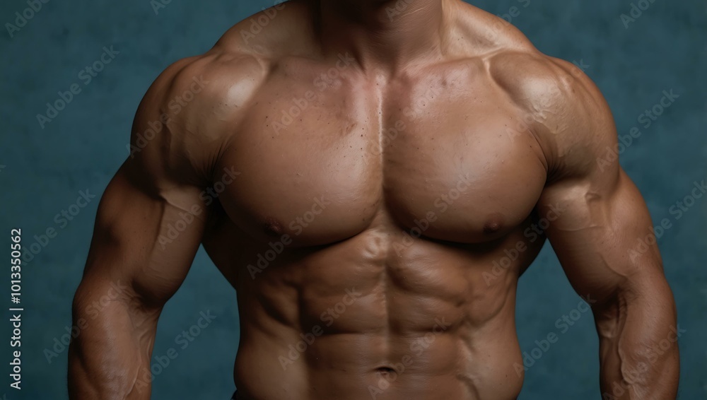 Muscular man showing defined chest and abs on a blue background. Muscular man showing defined chest and abs on a blue background.