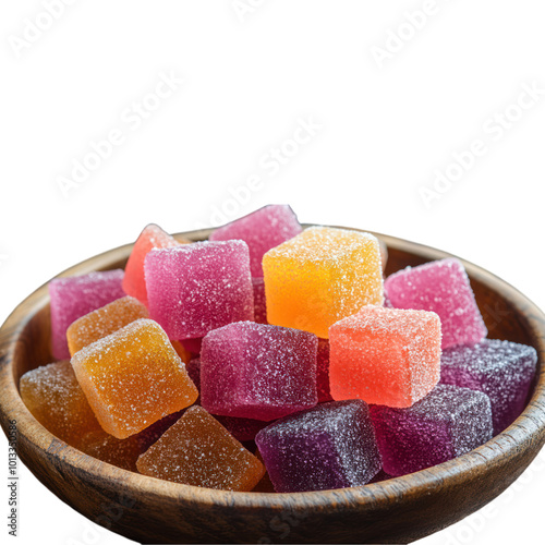 Assortment of Colorful Jellies in a Wooden Bowl Isolated On White Background photo