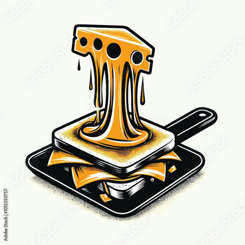 slice of cheddar cheese melting and dripping onto a sizzling grilled sandwich vector