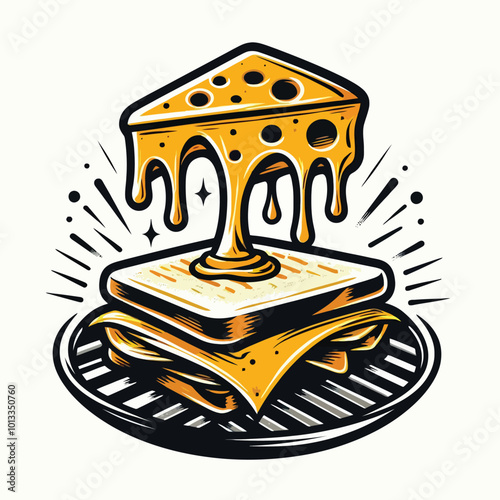slice of cheddar cheese melting and dripping onto a sizzling grilled sandwich vector