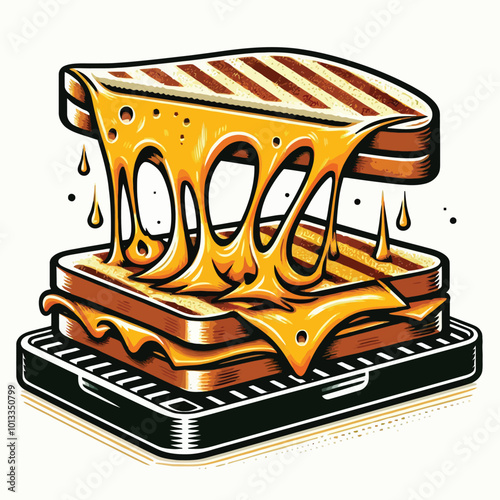slice of cheddar cheese melting and dripping onto a sizzling grilled sandwich vector