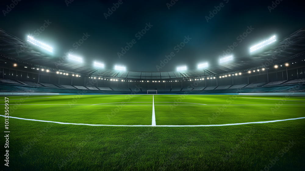 An empty stadium showcasing a well-maintained, lush green playing field under bright lights, ready for a night game An empty stadium showcasing a well-maintained, lush green playing field under bright lights, ready for a night game