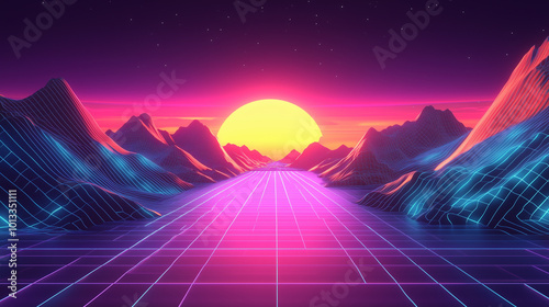 Retro Futuristic Sunset with Neon Grid and Mountain Silhouettes